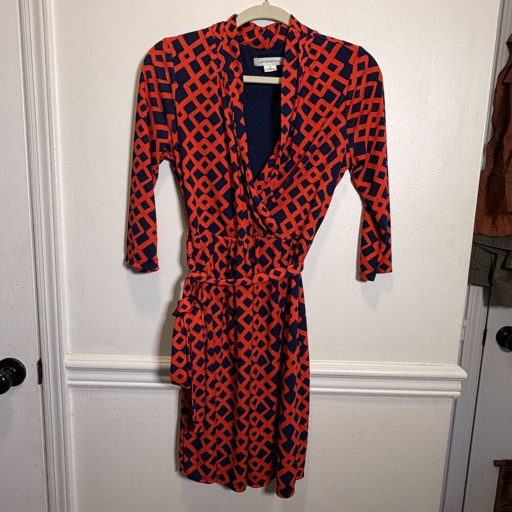 Liz Claiborne M Navy Coral Geometric Faux Wrap Dress Belted 3/4 Sleeve